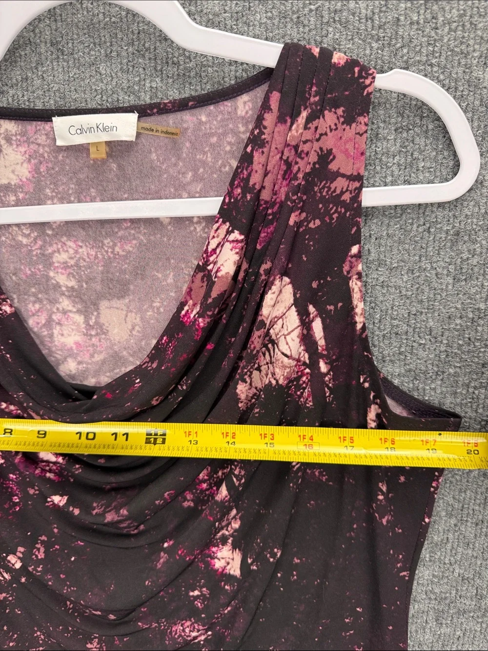 Calvin Klein Black Sleeveless Top with Pink Splash Print Draped Cowl Neck Large
